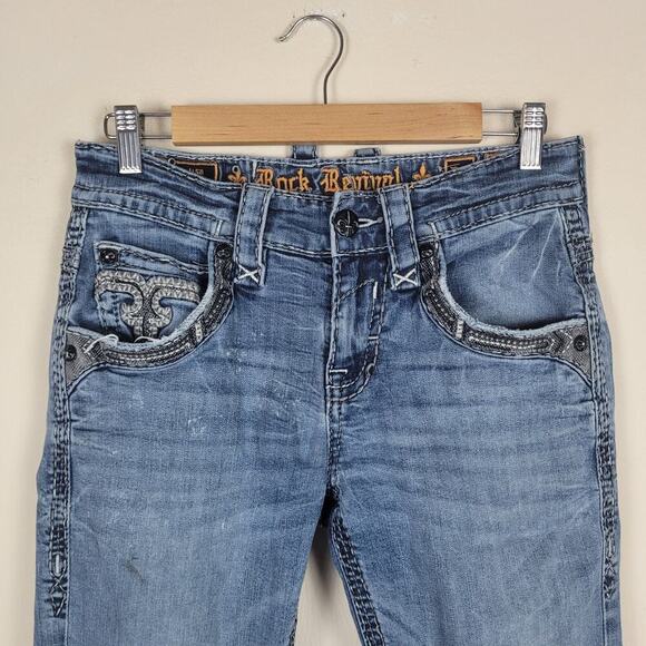 Rock Revival Jayin Jeans Womens 29 Blue Fleur-de-Lis Flap Pockets Slim Straight - Picture 2 of 13
